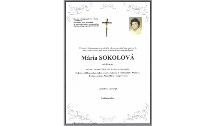 Smútočné oznamy / Mária Sokolová - foto Smútočné oznamy / Mária Sokolová - foto