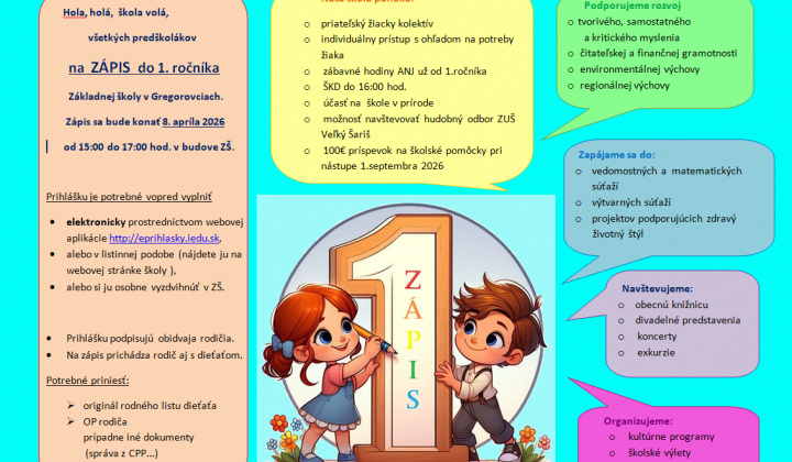 Fotka - ZÁPIS DO 1. ROČNÍKA ZÁKLADNEJ ŠKOLY v GREGOROVCIACH